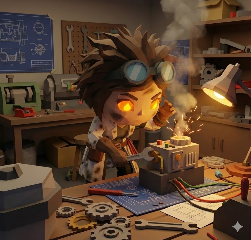 Hypnos Helper — wild-haired inventor deity