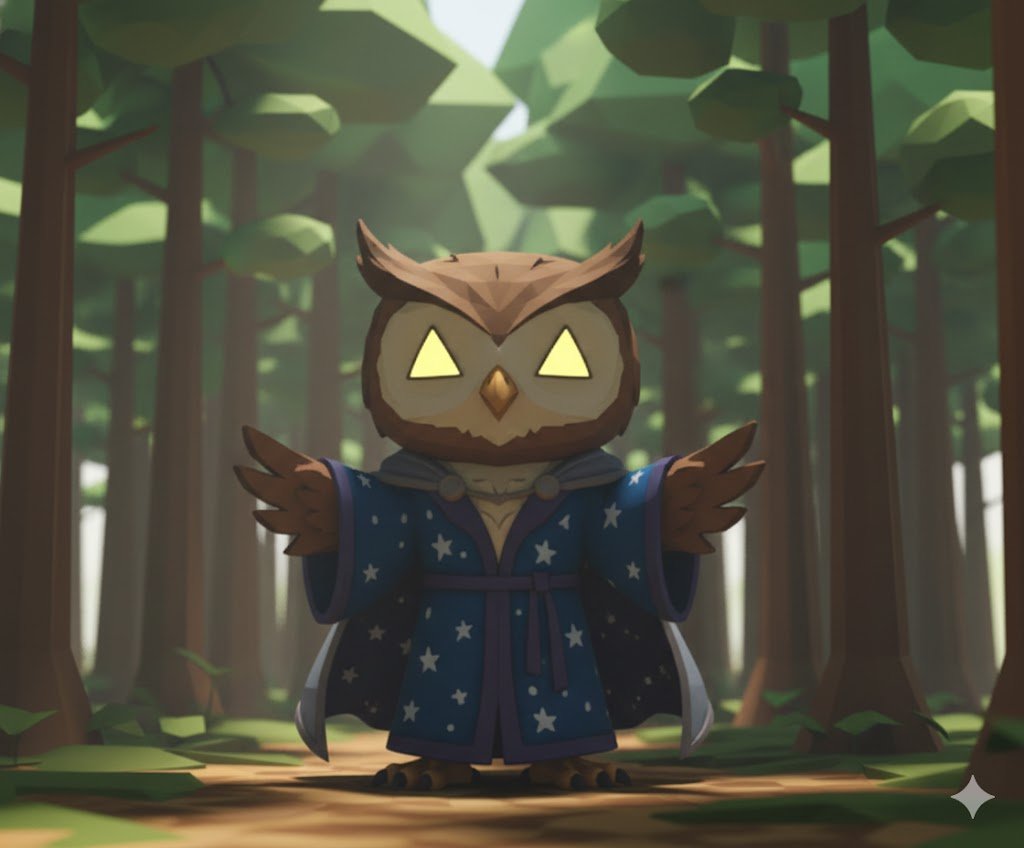 Icelus Protector — owl deity in cosmic robes